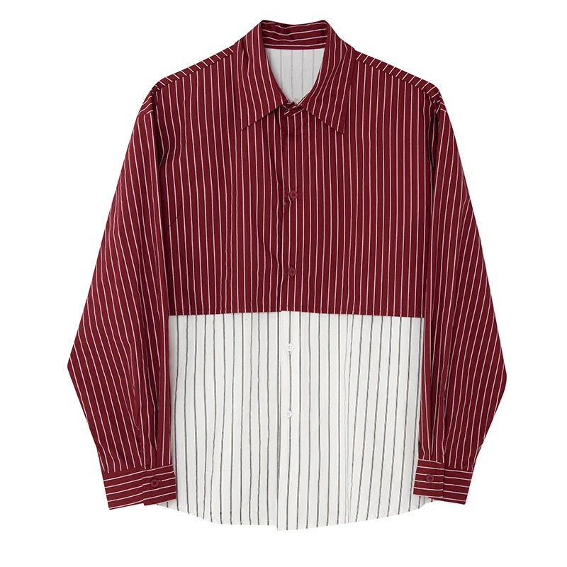 Net Celebrity Fashion Show Shirt Men Splice Stripe Loose Casual Vintage Long Sleeve Shirt Male Stage Clothing Korean Style Shirt