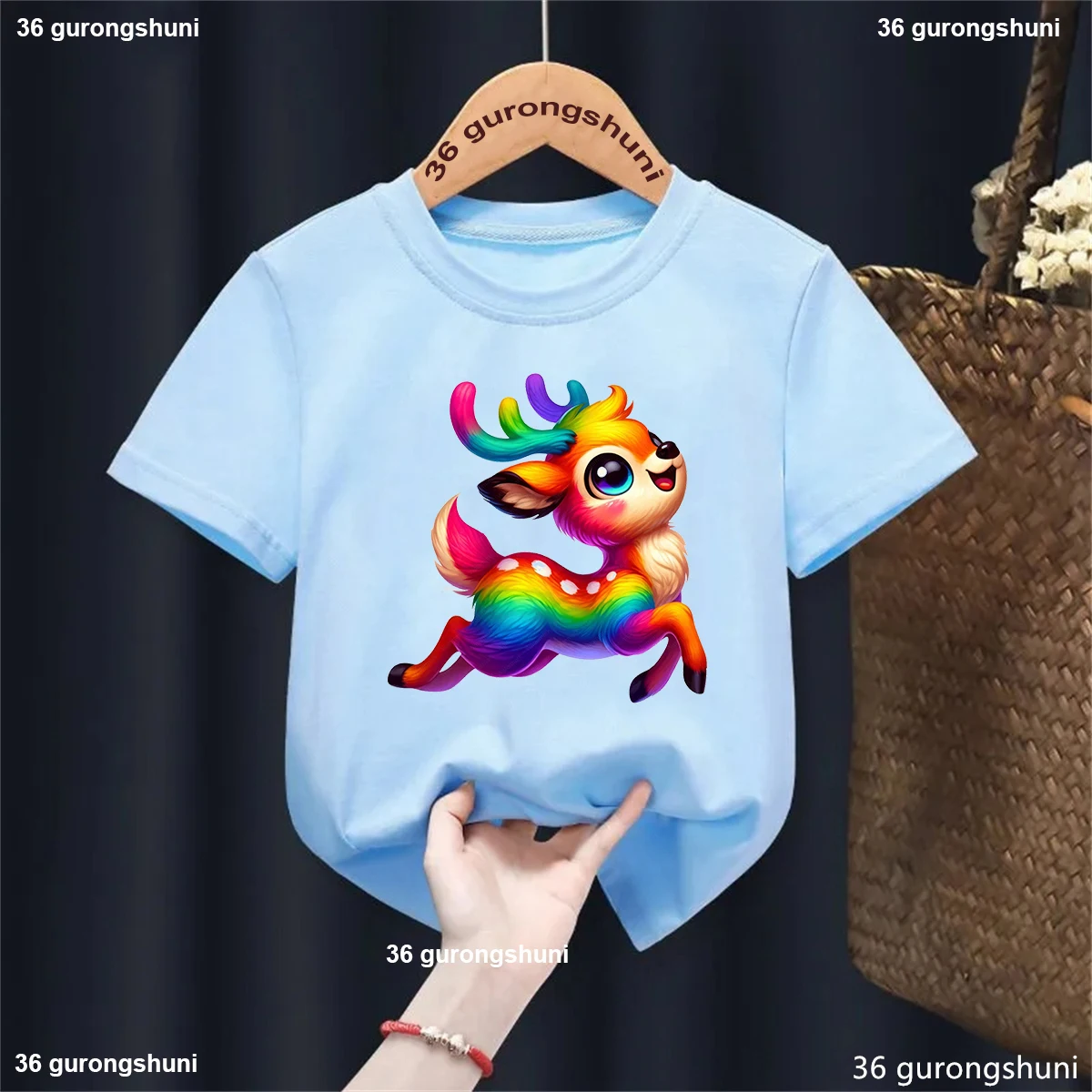 

Rainbow Reindeer Animal Printed T Shirt Girls/Boys Chirstmas Gift Funny Kawaii Kids Clothes White/Blue/Pink/Yellow T-Shirt Tops