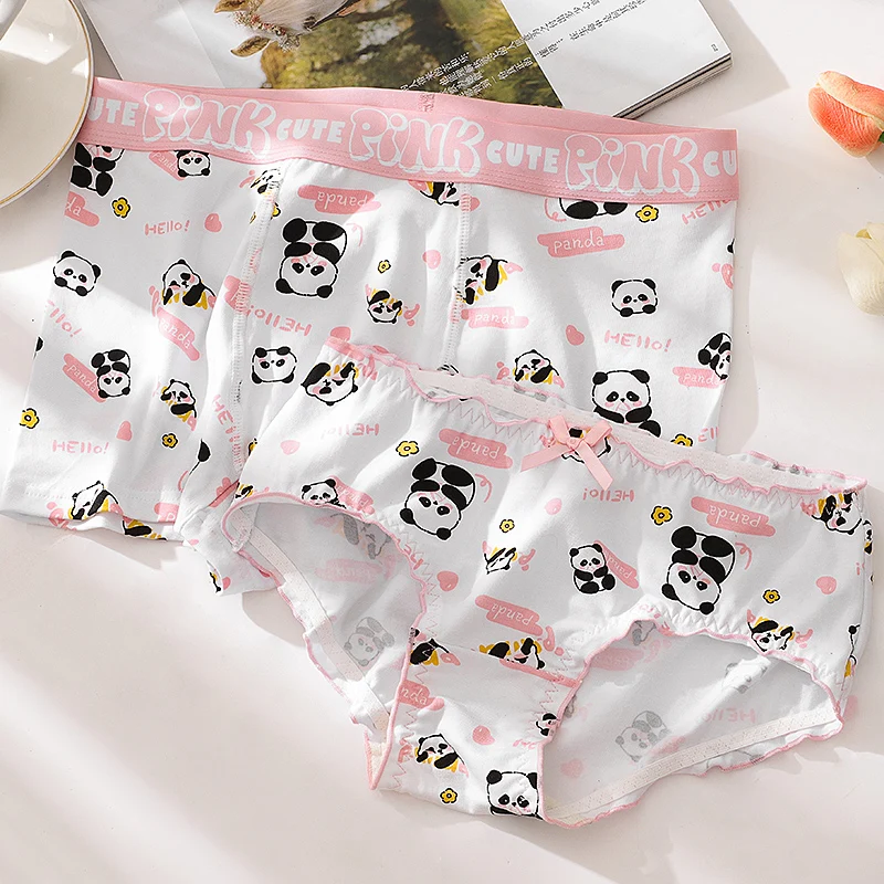 Lolita Couple Underwear Men And Women Pure Cotton Cute Panda Print Pink Sweet Girl Triangle Pants Set Kawaii Panties