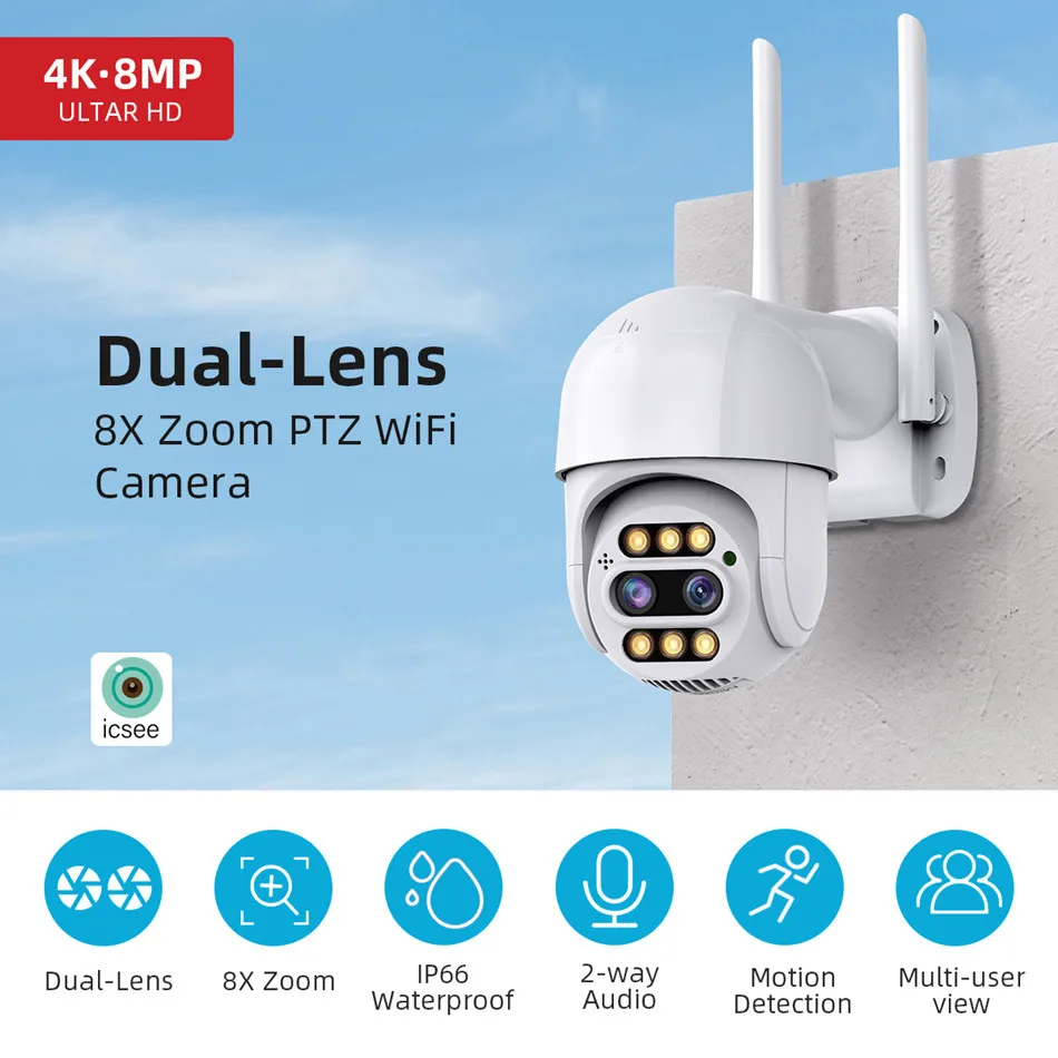 

4MP UHD iCsee APP Dual Lens 8X Zoom Wireless PTZ IP Dome Camera Full Color AI Humanoid Detection Home Security CCTV Baby Monitor