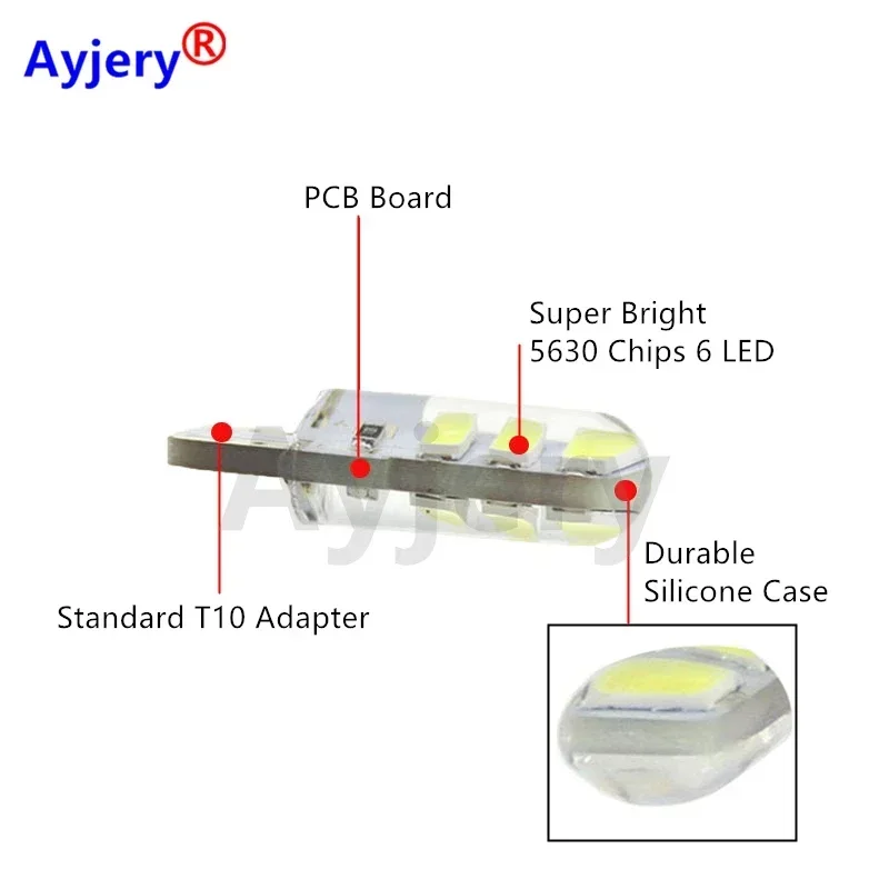 AYJERY 500pcs 12V Silica T10 5630 6 SMD W5W LED Bulbs Car Door Clearance Reading Luggage Compartment License Plate Lights