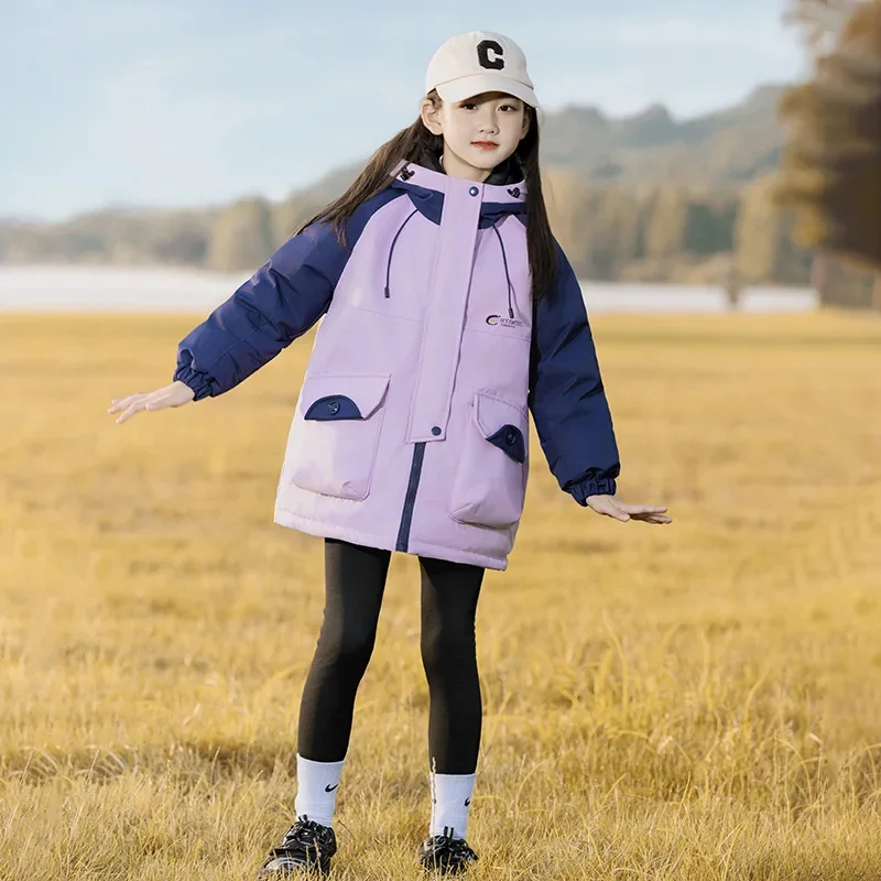 Kids Long Girls Loose Thickened Duck Downjacket White Blue Pink Children Coat Teenagers Hooded Padded Jacket Clothes Winter