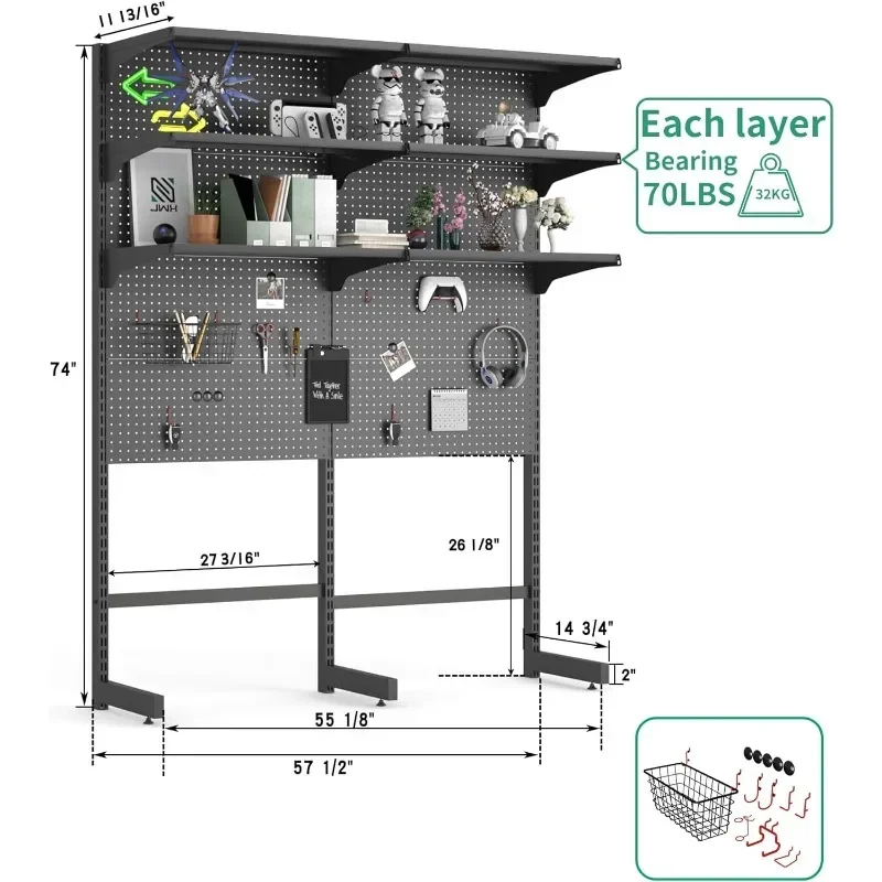 home.Gaming Pegboard Standing Shelf Units, Modular Pegboard and Shelf System with 15 Pieces Organizer Tool Holders