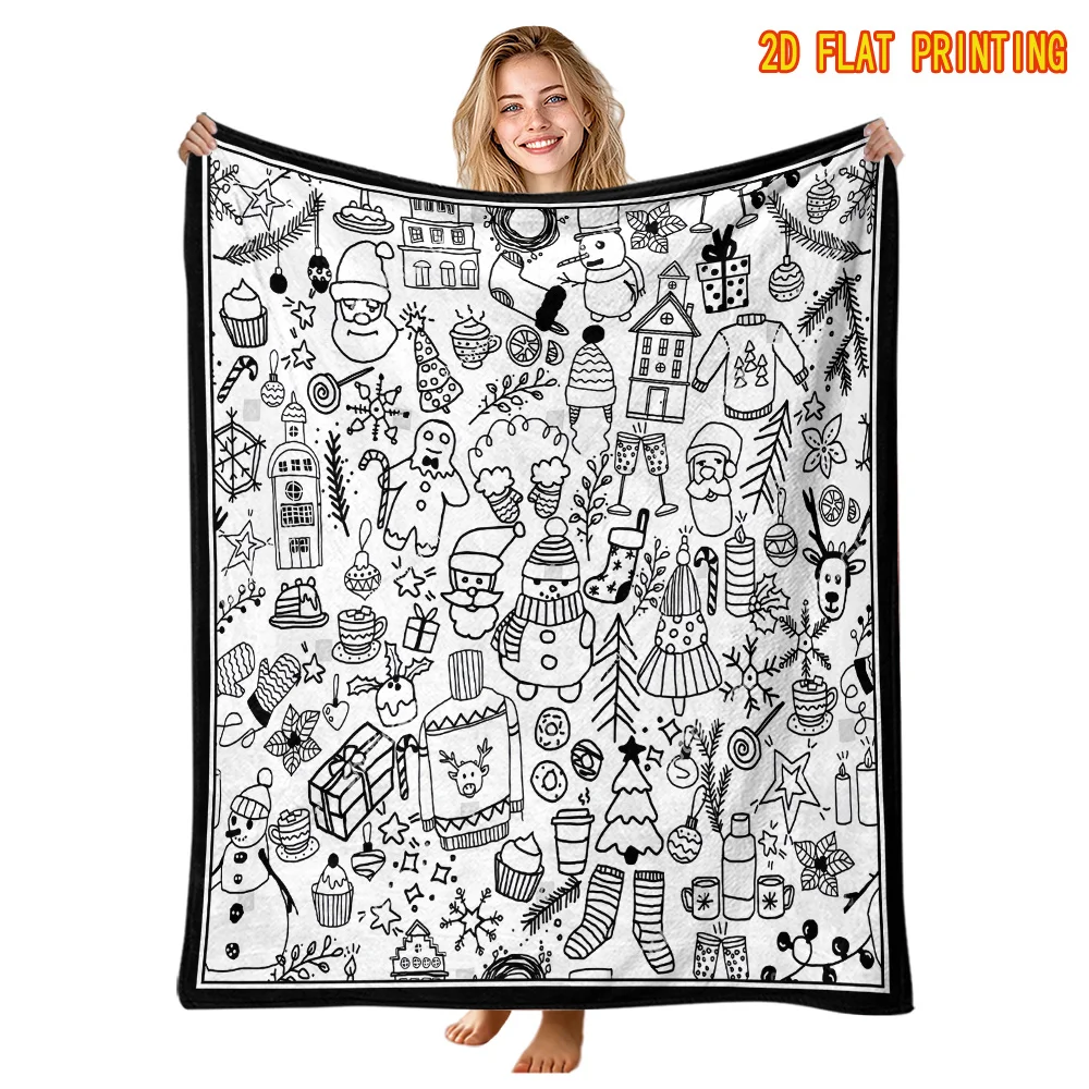 Art Hobby Gift Blanket Christmas Doodle Outline DIY blanket Reusable Flannel Blanket Kids Adults Xmas Home Use