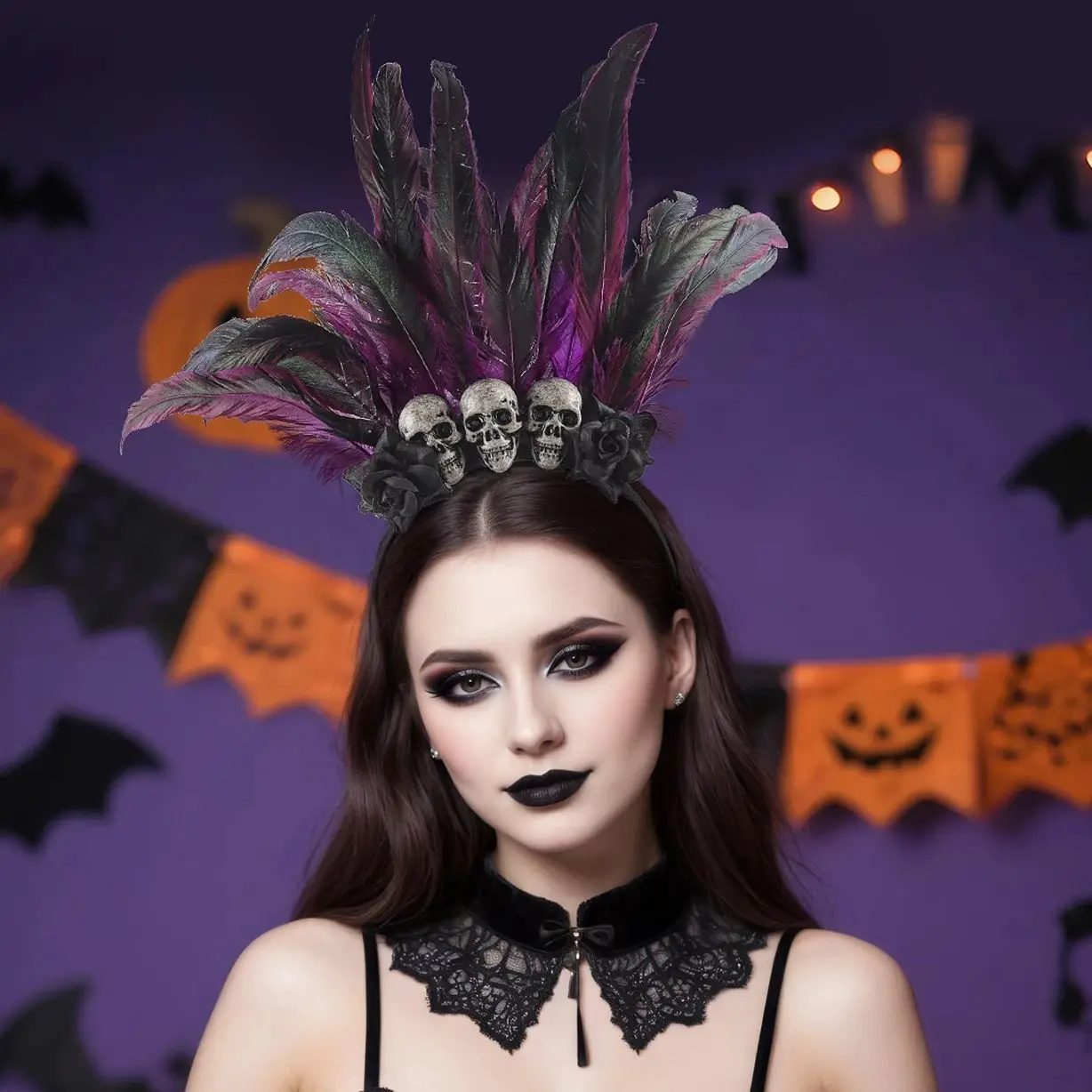 

Готический стиль, головной убор с перьями и черепом, аксессуар для волос для Хэллоуина, маскарада, хит продаж, уникальный аксессуар для костюма для вечеринки