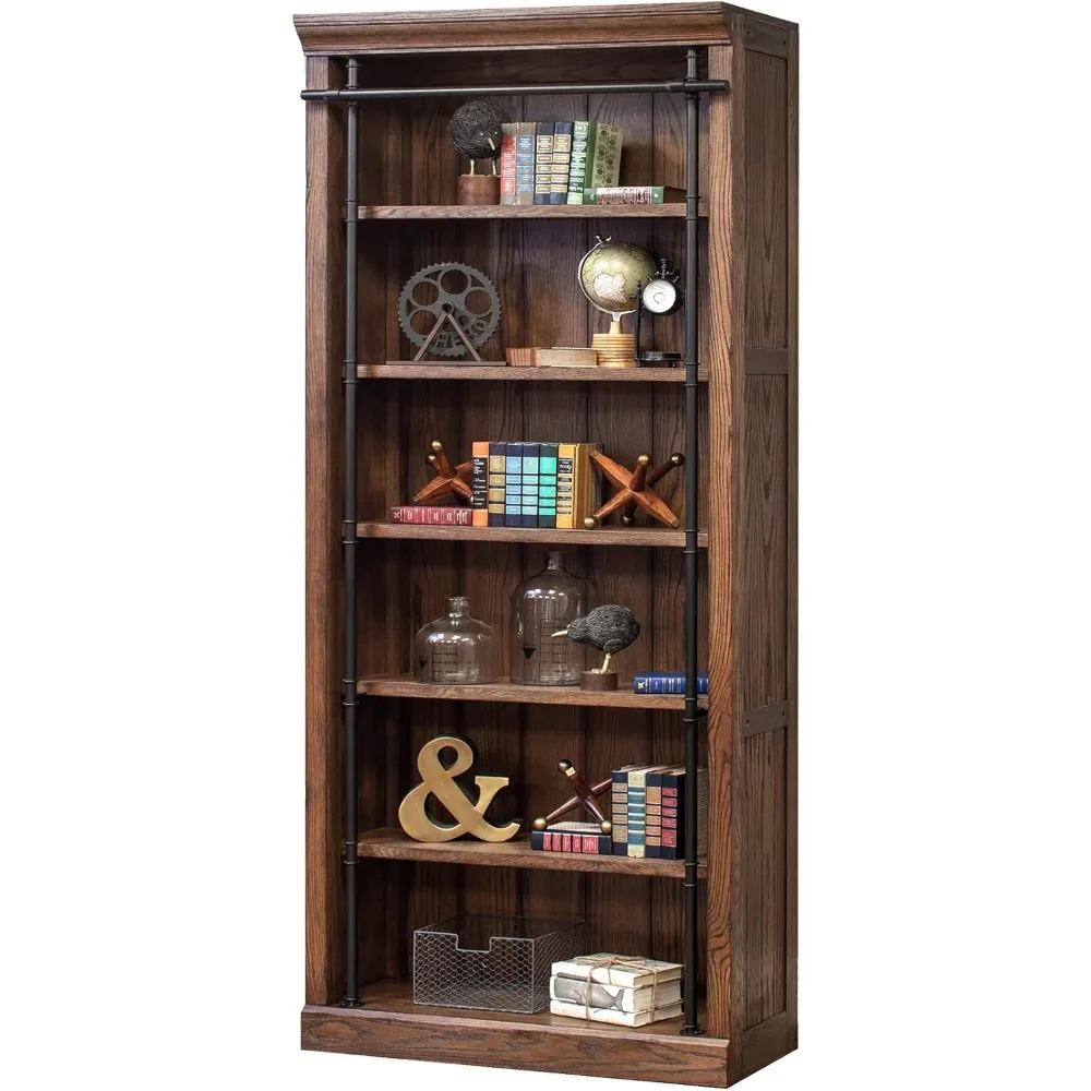 Dinding Rak Buku Tinggi Avondale 8' dengan Tangga, Organizer Penyimpanan, Rak Pajangan untuk Kantor, Coklat