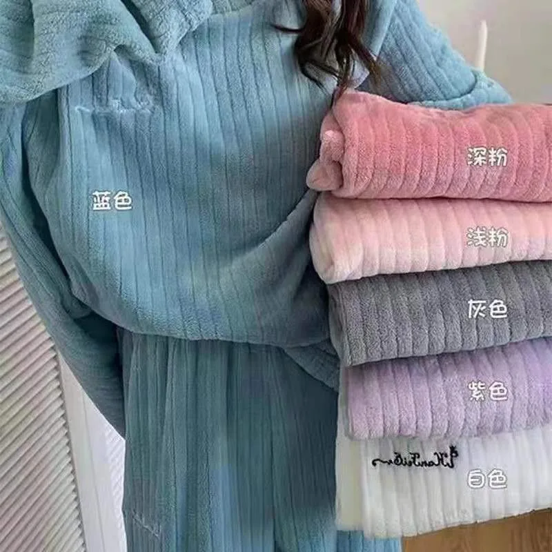 

Autumn Winter Women Thicken Coral Fleece Pajamas Set Solid Warm 2 Piece Sets Pullover Pants Casual Long Sleeve Home Service Suit