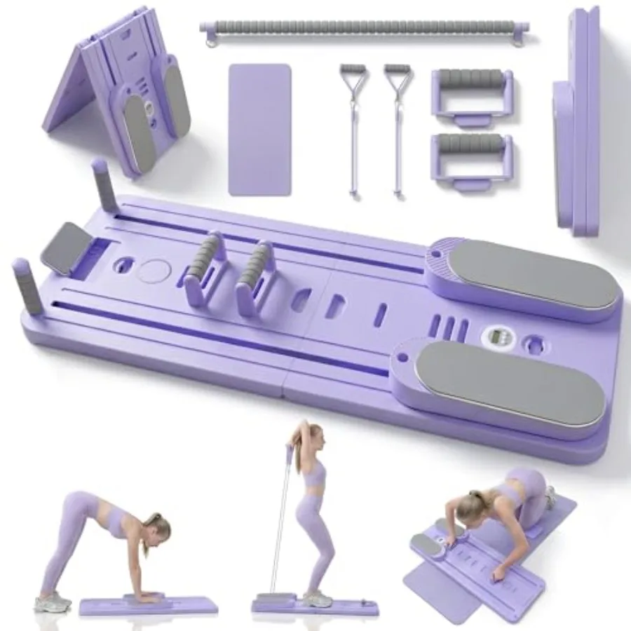

Home workout Pilates board with foldable 9-in-1 reformer set, black ABS plastic, integrated phone holder and timer, compact cor