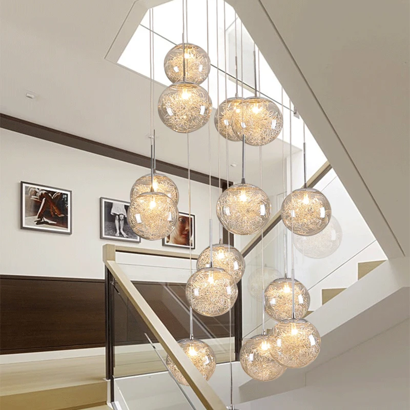 New 2024 Nordic LED Luxury Smoke Grey Glass Ball Staircase Pendant Kitchen Decoration Modern Lobby Hotel Lustres Villa Lighting