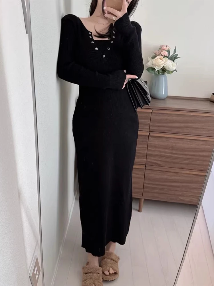 Vestido de Malha t Ajustado F Camada Base Vestido Longo Outono Novo Estilo para o Dia a Dia Cintura Alta Manga ...