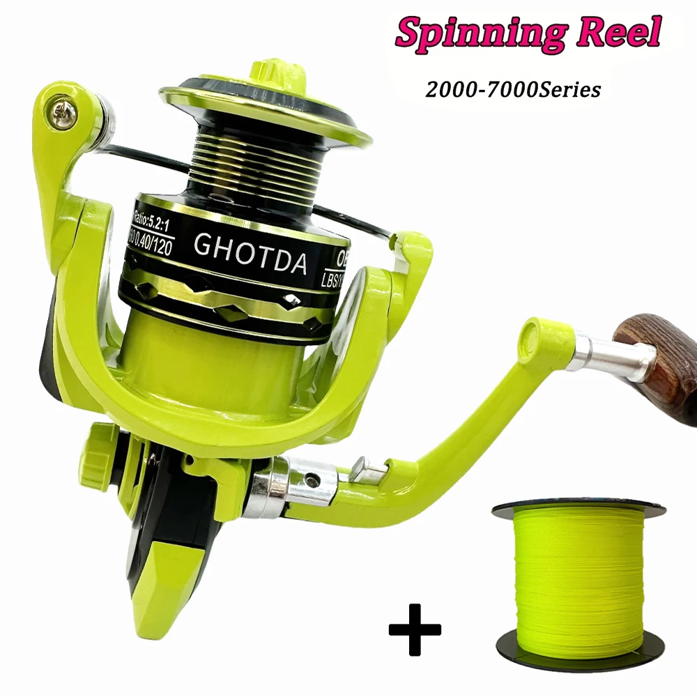Ghotda Spinning Angelrolle mit Angelschnur, starker Power-Drag, 5–12 kg, 2000–7000, Spinning, stabiler, Süßwasser-Angel-Pesca