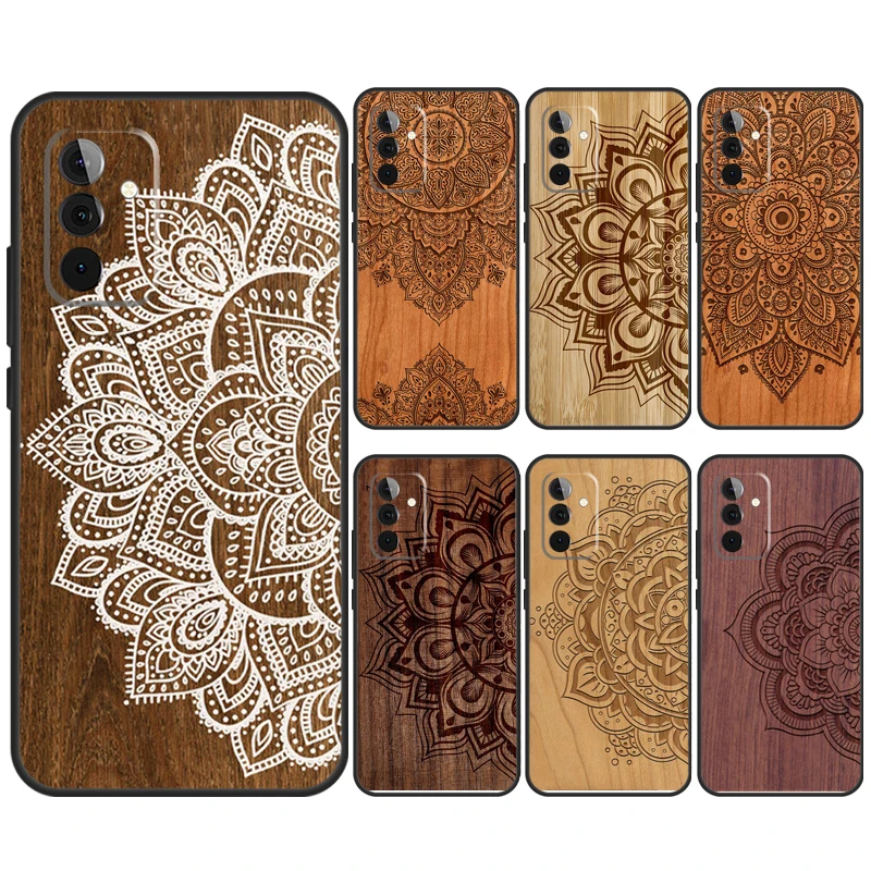Mandala Floral Wood Case For Samsung Galaxy A32 A52 A12 A14 A34 A54 A51 A71 A15 A25 A35 A55 A53 A33 A13 Cover