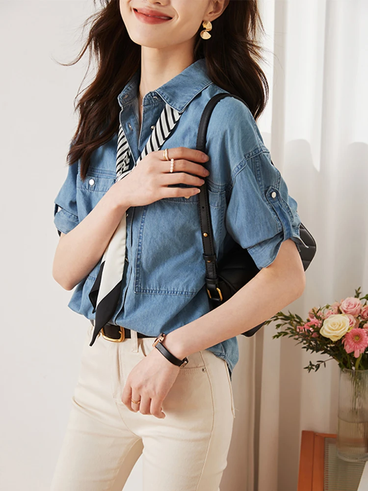 Temperament Lapel Denim Shirt Women 2024 Summer New Single-Breasted Vintage Blouses Female Loose Fashion Cowboy Tops