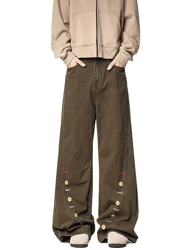 

American Retro Button Casual Pants Men's Autumn Winter Straight Loose Brown Men's Pants Cotton Polyester Blend Breathable Wea...