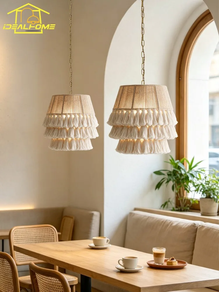 Bohemian Retro Hemp Rope Fringed Chandelier Lighting French Medieval Pendant Lights Living Room Restaurant Breakfast Bedroom Bar