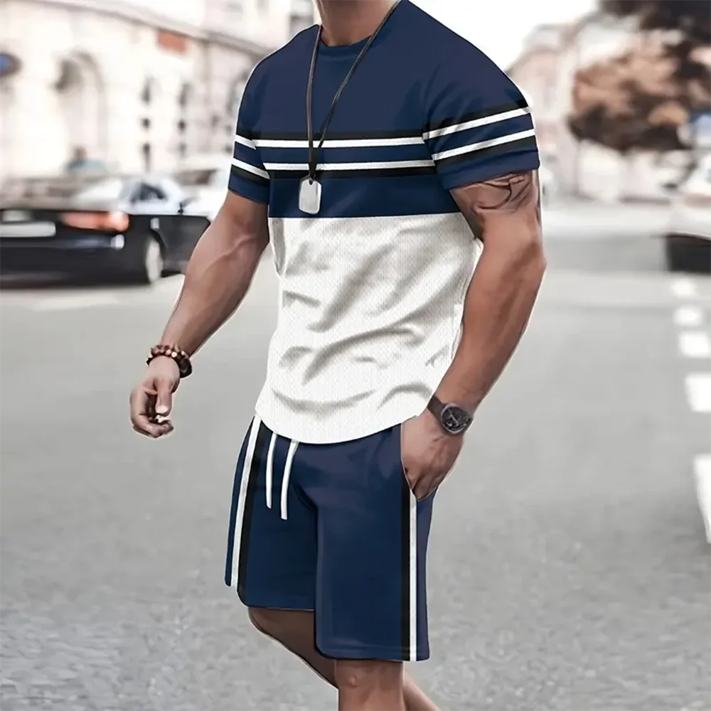 Men\'s 2Pcs Outfits Fashion Casual Crew Neck Short Sleeve T-shirt And Drawstring Shorts Set Summer Sportwear Sets Men\'s Clothing