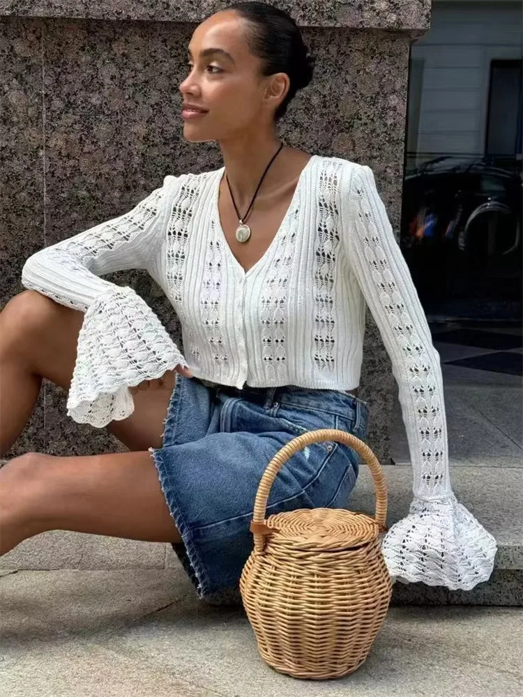 Sexy Hollow Out Cardigan Sweater Women 2025 New Summer Fashion See-Through Cropped Tops Chic V-Neck Long Sleeve Knitwear Female