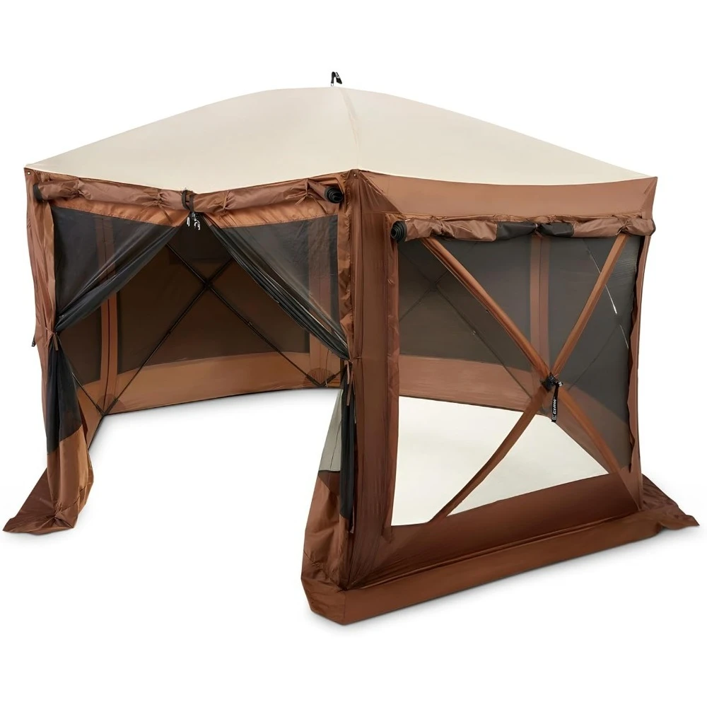 

Pop Up Screen Tent, Outdoor Camping Gazebo Canopy, Pavilion, 12.5', Brown - Heavy-Duty Portable Screened Shelter with Netti