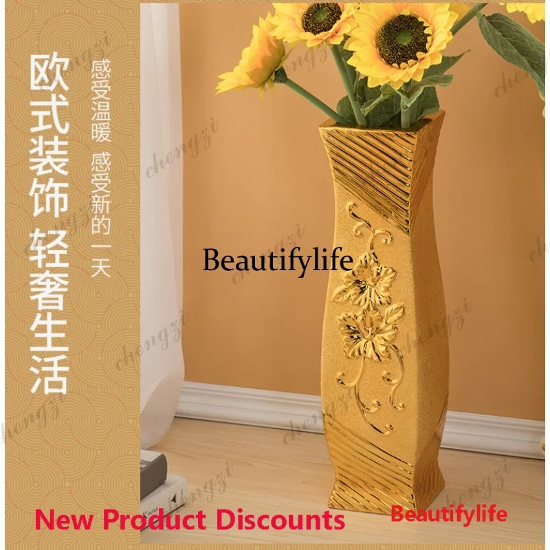 03 ceramic vase floor-to-ceiling large gold European-style ornament flower arrangement living room entrance decoration
