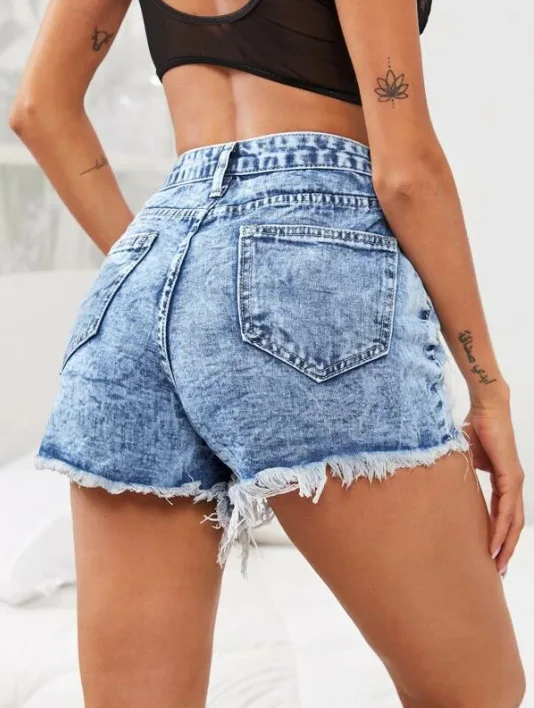 Shorts jeans de cintura alta feminino, jeans com furos, bolsos angustiados, monocromático, mosca com zíper, básico reto, sexy, magro, 2024