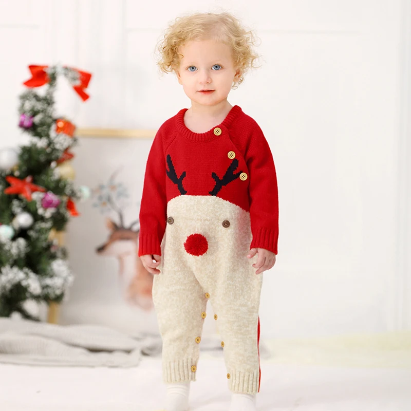 

Christmas Baby Romper Knitted Newborn Boy Girl Jumpsuit Cute Cartoon Elk Infant Kid Xmas Clothes Long Sleeve 0-18M Overalls Warm