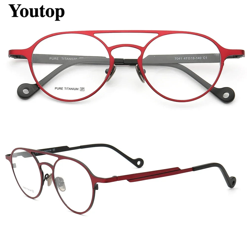 Vintage Women Round Optical Eyeglass Frame Men Pure Titanium Light Metal Prescription Glasses Frames Red Double Bridge Eyewear