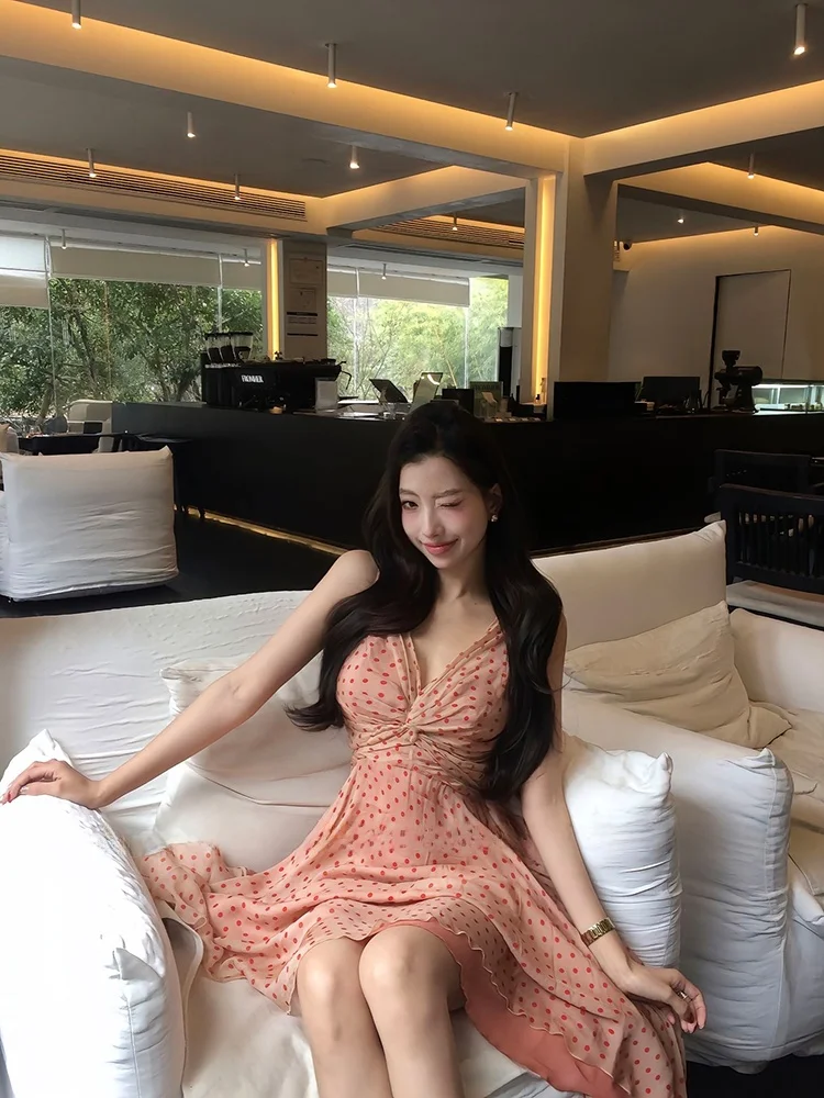 

Uomosi STAZF7 Retro Polka Dot Knot Waist Dress Women's Summer Elegant A-Line Skirt Midi Dress French Style City Commute