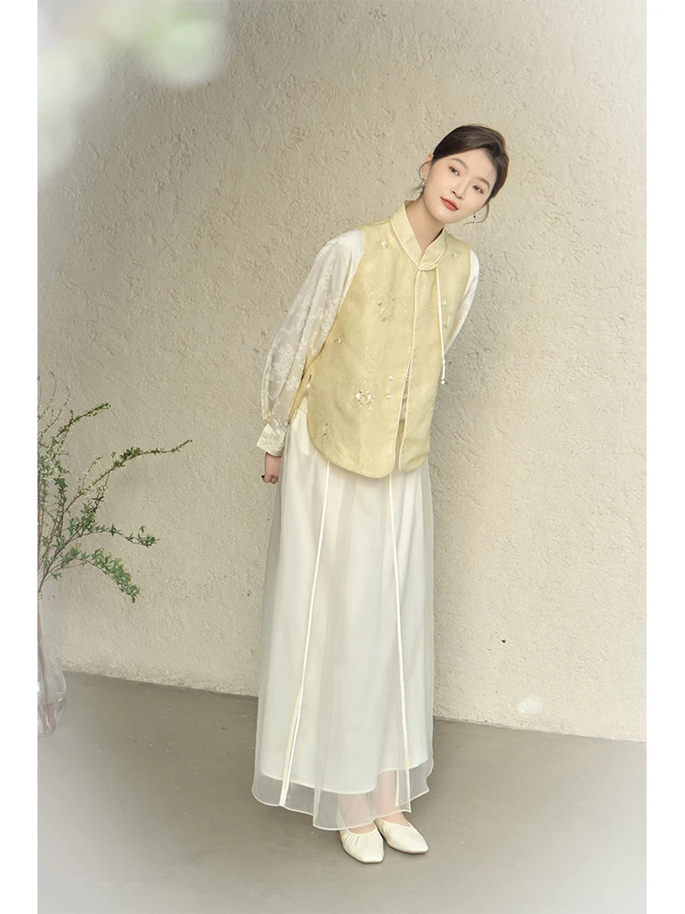 

New Chinese Sle Women's Embroidered Jaet Yellow Tea Ceremony Clothes Zen Spirit Button up Top Spring Summer Faion