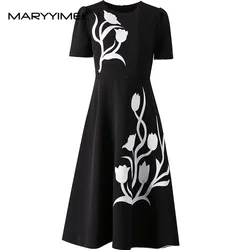 MARYYIMEI Summer Vintage Women's Dress Short Sleeved Patch Designs High Waist New Fashion Basic Dresses