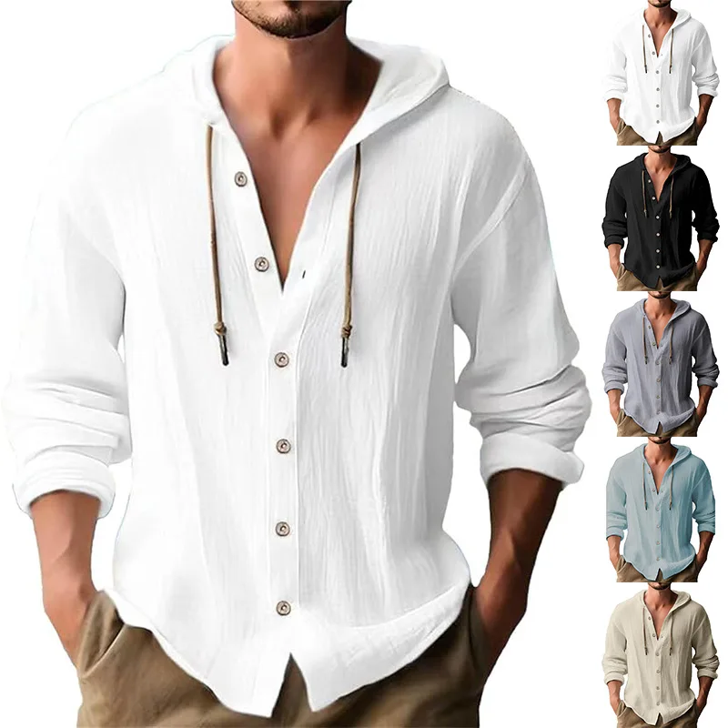 2024 Spring And Autumn New Long Sleeve Hoodie Solid Color Casual Cotton Linen Cardigan Button Trend Loose Beach Style Hoodie