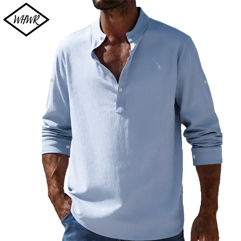 Langarm-T-Shirts für Herren, Henley-Ausschnitt, einfarbige Hemden, leicht, Strand, atmungsaktiv, lockeres Hemd, lässiges Hawaii-Hemd für Herren