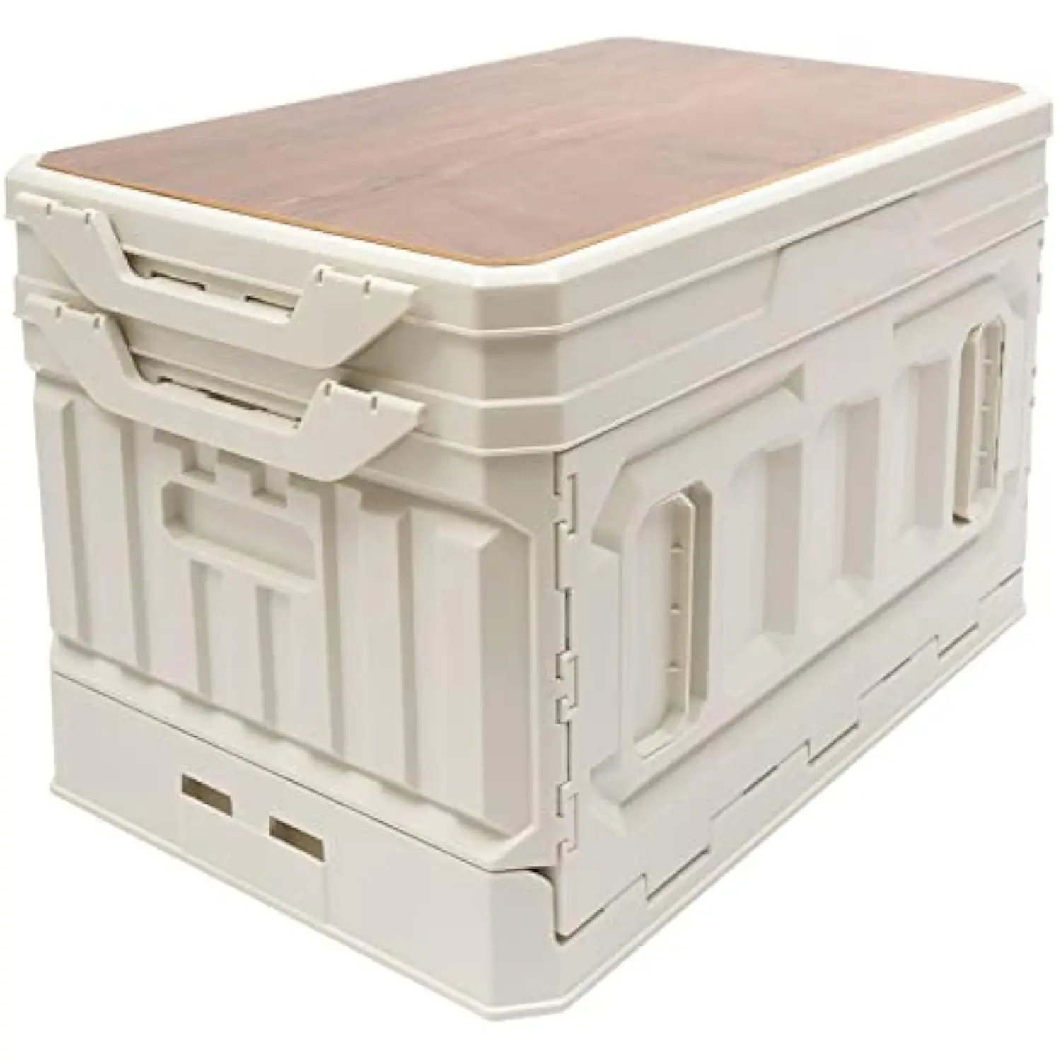 

Foldable Storage Box with Wooden Lid 25 Gal,Portable Camping Box Table Multifunctional Collapsible Storage Container for Outdoo