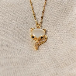Stylish Cute Animal Fox Pendant Necklace Micro Inlaid Cat Eye Stone Titanium Steel Chain Jewelry Accessory