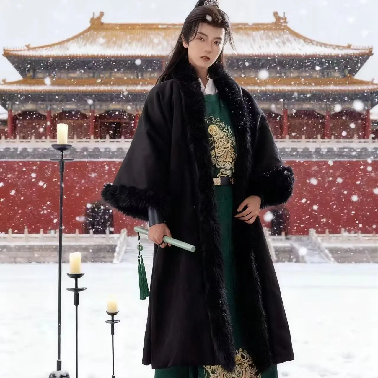 

Winter Thicken Hanfu Cloak Men's Traditional Chinese Plush Collar Long Robe Palace Style Carnival Event Snow Cape Male Cloak