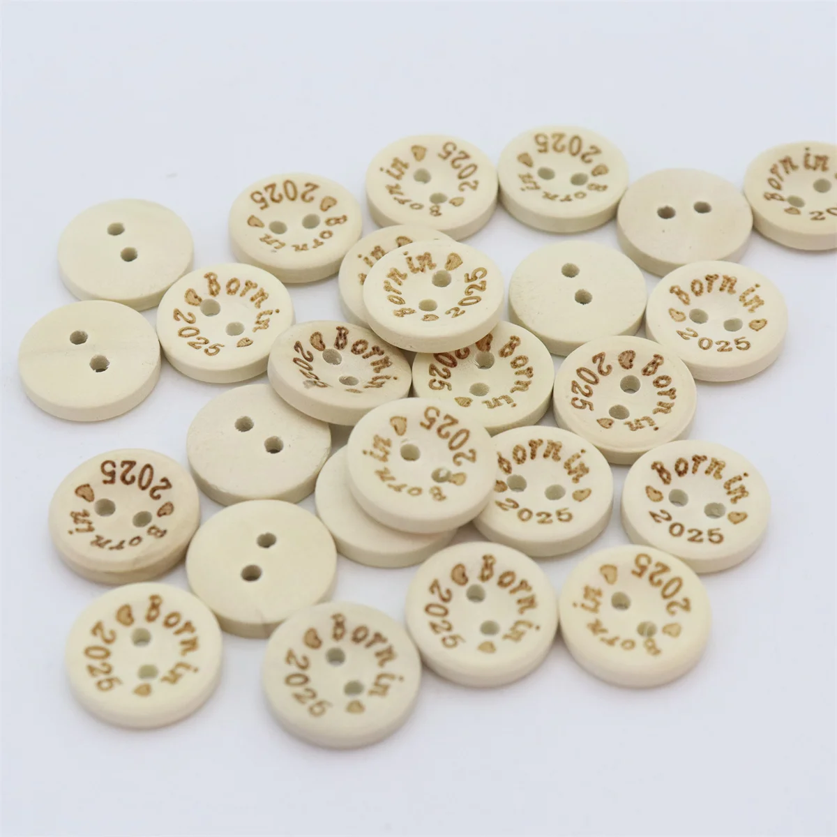 100pcs 15mm Wood Natural Laser Born in 2024/2025 2 Hole Buttons DIY Crafts For Cardmaking Scrapbooking Sewing Accessories