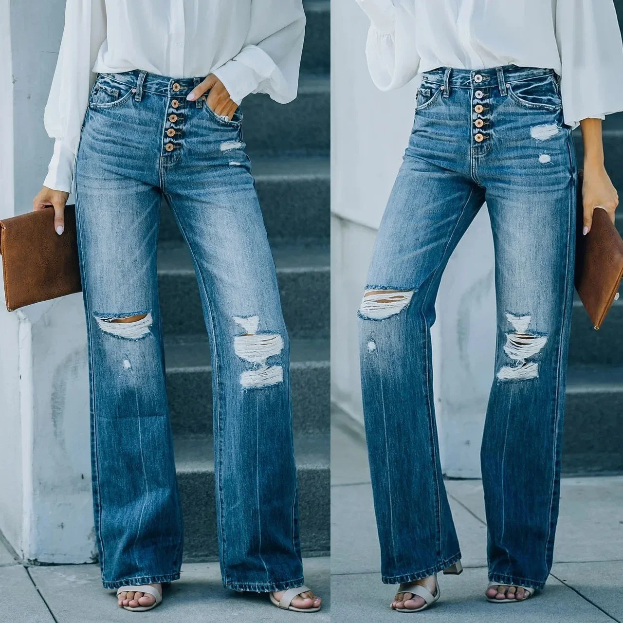 2024 New Street Trend Old Broken Hole Washed Fashion High Waist Single Breasted Straight Jeans Versatile Autumn And Winter