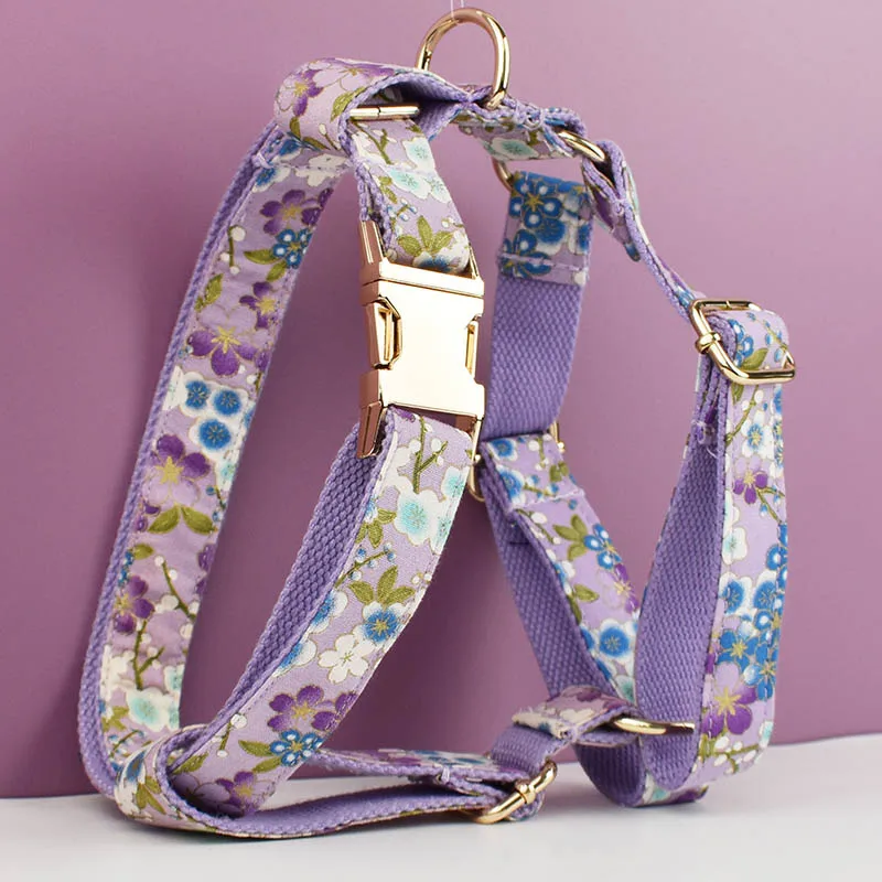 Adjustable Dog Harness Printed Purple Soft Cotton Personalized Dog Collar Leashes Harness Bow Set  Dog Accessories Flowers 03