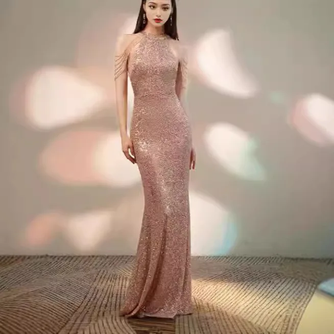 2025 Spring and Summer New Arrival Neck-Hanging Sexy Chain Bodycon Sparkle Dress Mid-Waist Long Evening Gown
