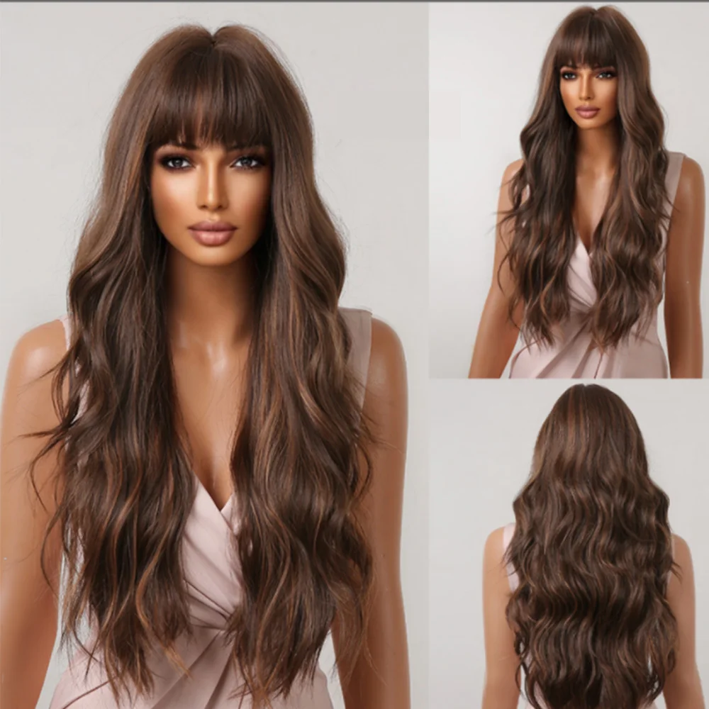 Brown Versatile Synthetic Wigs Women Hair Wavy Curly Hair with Bangs Long Highlight Wigs for White Women Heat Resistant Fiber