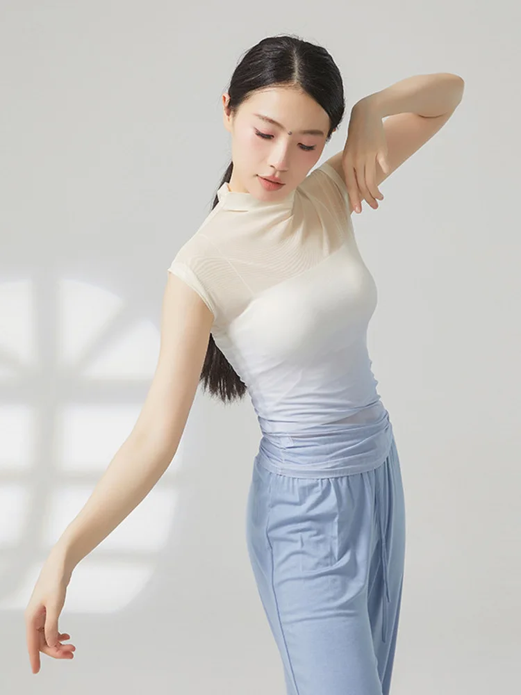 Manga curta gradiente malha dança topo gola alta ver através blusa para mulheres jazz contemporâneo palco prática roupas