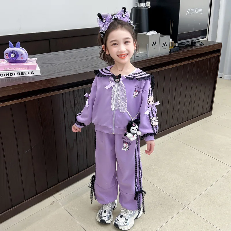 Sanrio Kuromi Cartoon Children Two-piece Set Spring Autumn Navy Collar zipper jacket Pants soft loose casual sportswear Trousers