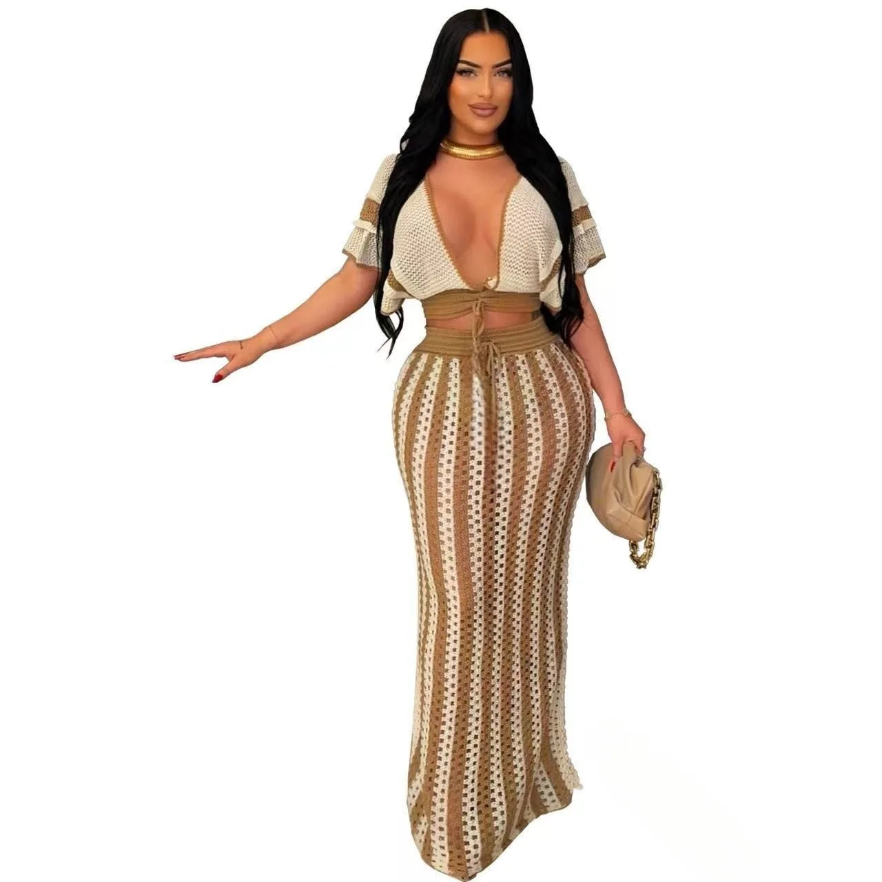 Vêtements africains pour femmes, 2 pièces, mode africaine, manches courtes, col en v, jupe longue, ensembles assortis, Dashiki, vêtements africains, automne