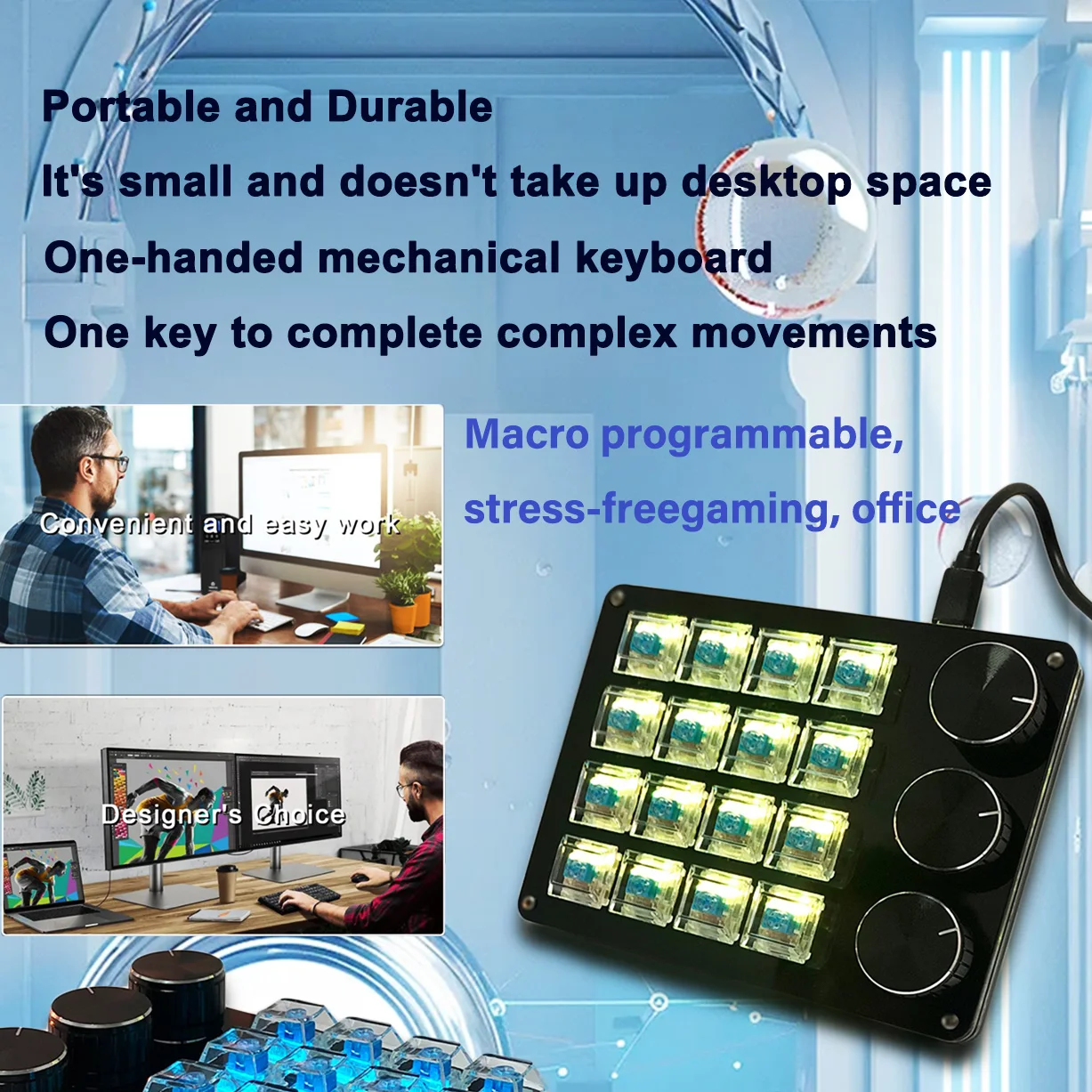 

Customizable Mini Keyboard with 3 Rotary Knobs + 16 Keys Multi-Layer Mode Office Design Media Entertainment Financial Work