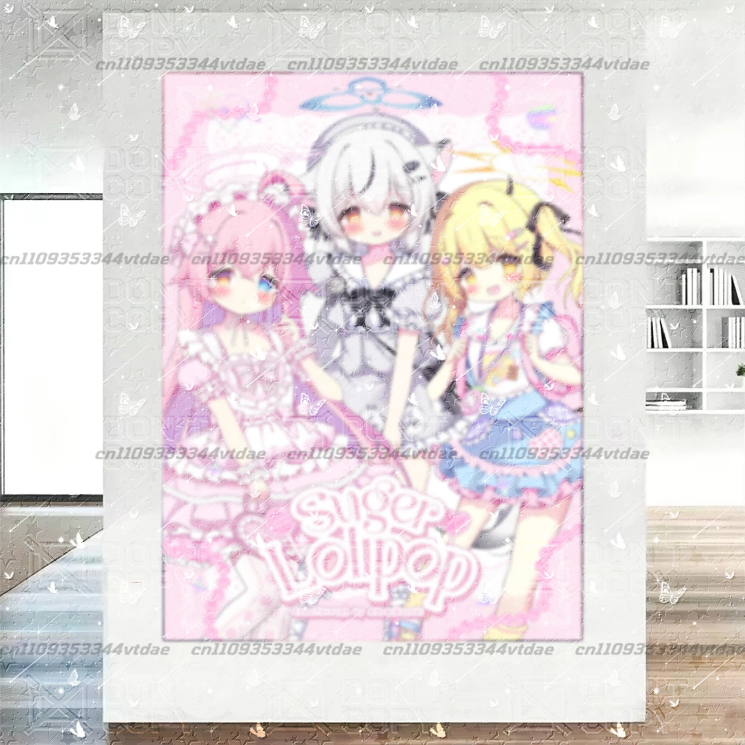Sugar Lolipop Three Cute Anime Girls Vertical Tapestry Pink Sweet Lolita Style Character Wall Hanging Kawaii Bedroom Decor