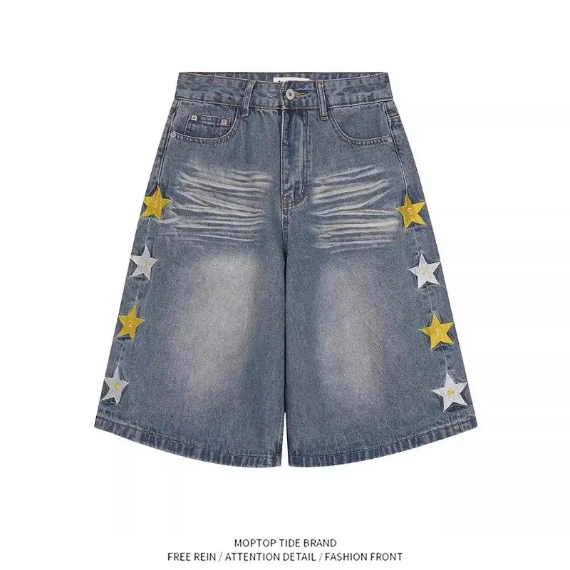 

Мужские джинсовые шорты Mr. WH в стиле ретро, американского кроя, с эффектом потертости, широкими штанинами, с дырками и звездным принтом, свободного кроя, со средней посадкой, длиной до колена.