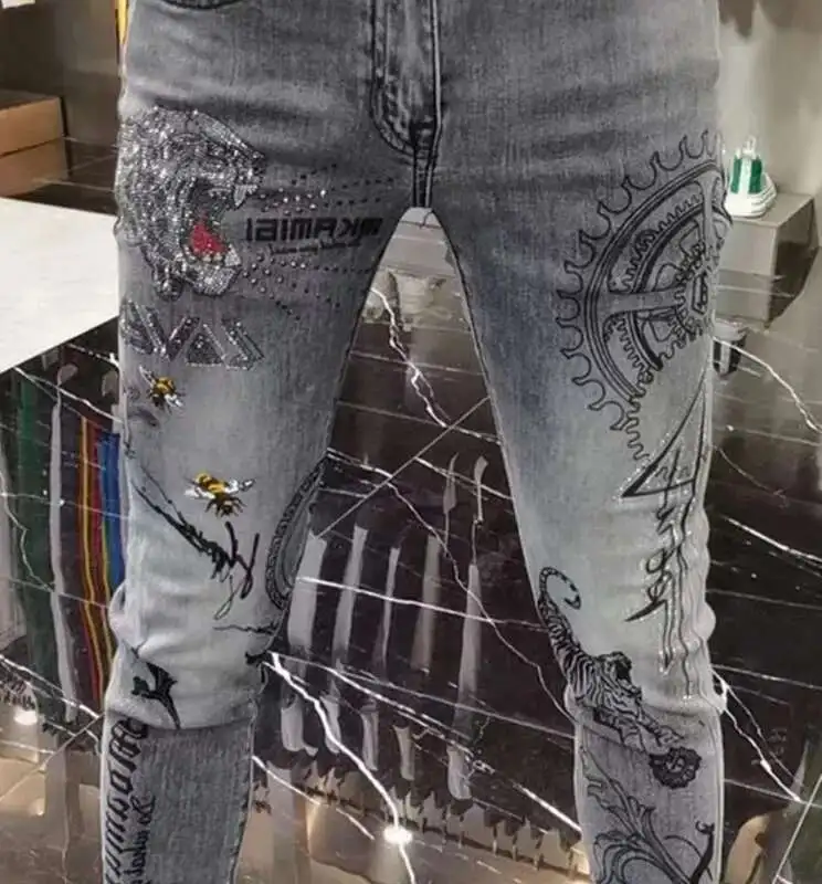 Tiger-男性用のラインストーン付きのタイトなジーンズ,流行のプリント,ダイヤモンド付きのストリートウェア,スキニーパンツ,2022コレクション