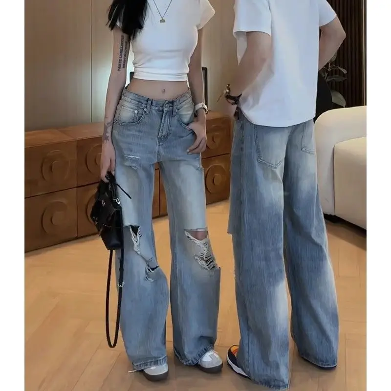 

Женские винтажные рваные синие джинсы с высокой талией, летняя уличная одежда в американском стиле ретро, широкие брюки Y2K, мешковатые брюки 2000-х, 90-х годов