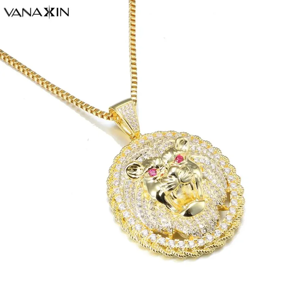 VANAXIN Lion Head Round Paved Pendant Necklace Animal King Vintage Gold Silver Color Hiphop Chain For Men Red CZ Eye Jewelry