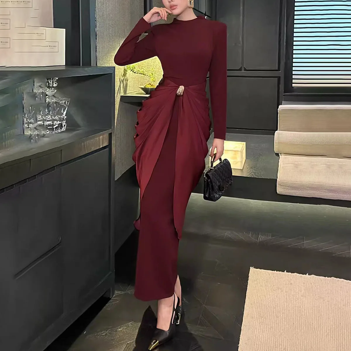 KWTX Damen-Kleid, solide, schlankmachende, gespleißte Falten, elegante Kleider für Damen, Rundhalsausschnitt, lange Ärmel, hohe Taille, Damenbekleidung, Neu