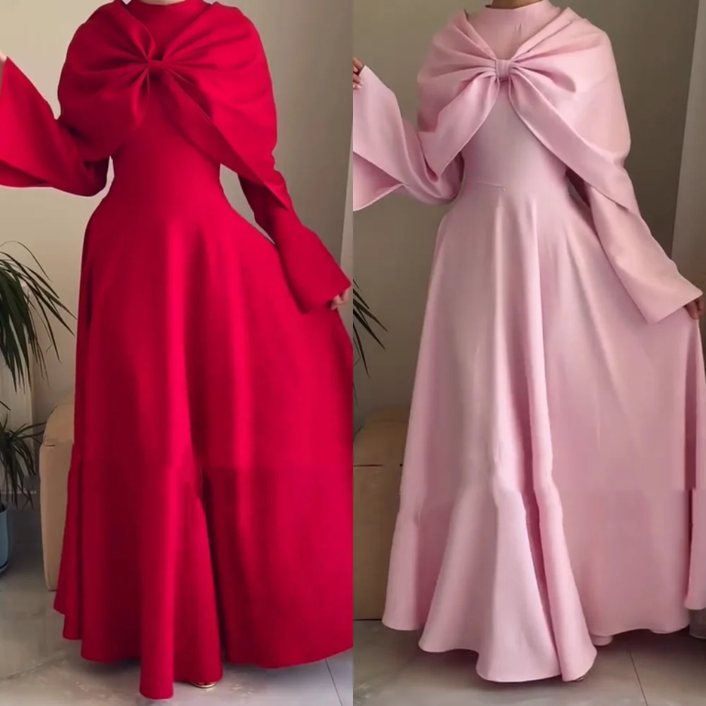 

Customized Exquisite Jersey Pleat Bow A-line High Collar Long Dresses Bespoke Occasion Party Fashion Matching